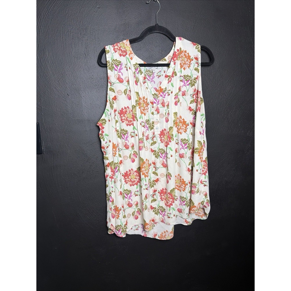 Rose + Olive Floral Pintuck Blouse Womens 1X White Orange Pink Sleeveless Top